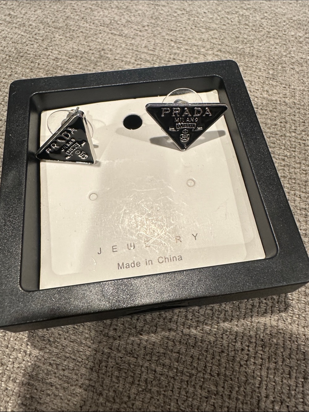 Black Silver Triangle Logo Stud Earrings